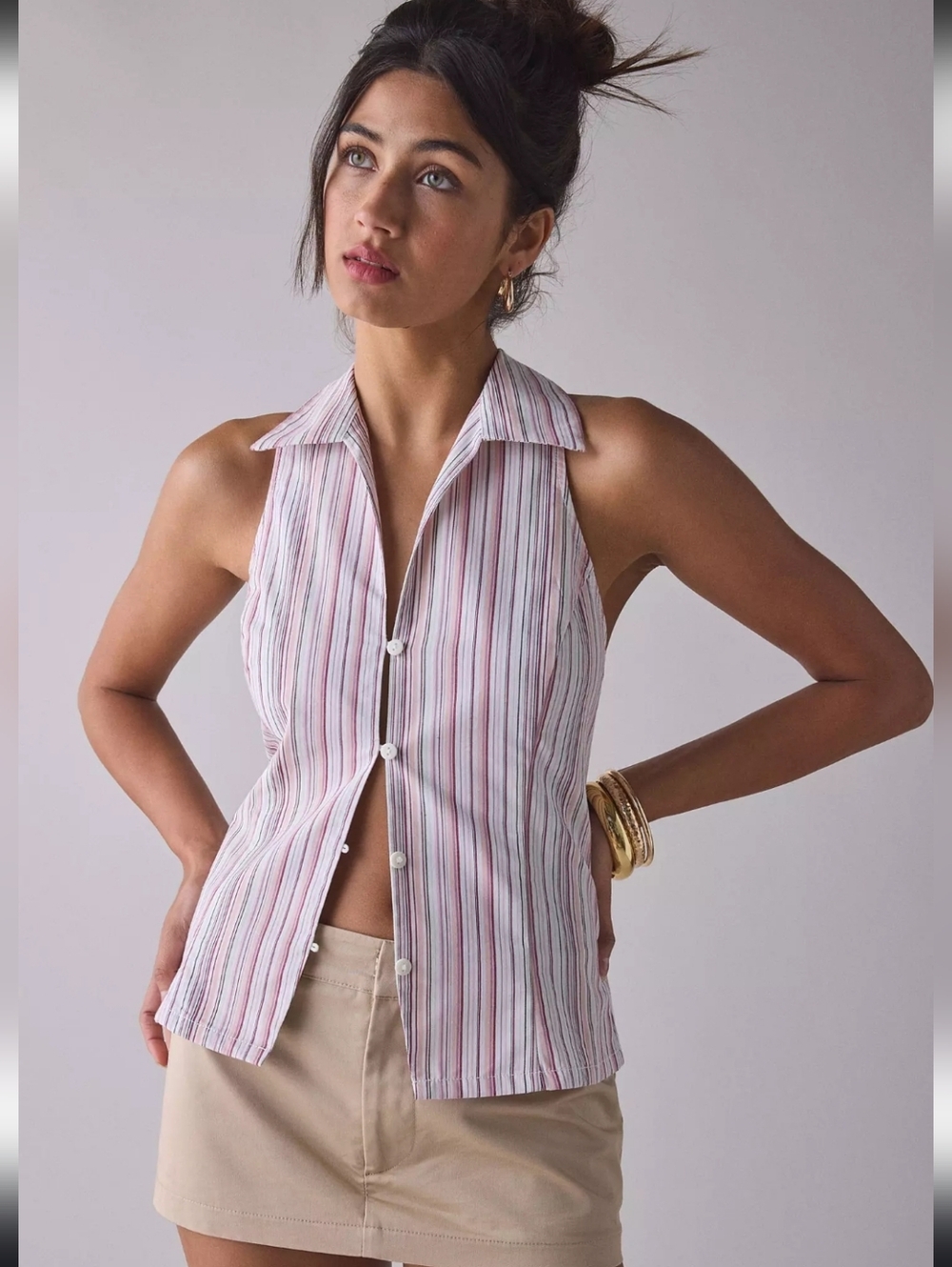 NWT Party Girl Cotton-Blend Button Down Sleeveless Shirt